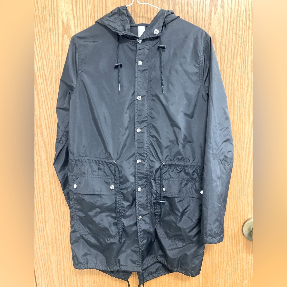 Men’s black, American Apparel, XXS nylon fishtail jacket.